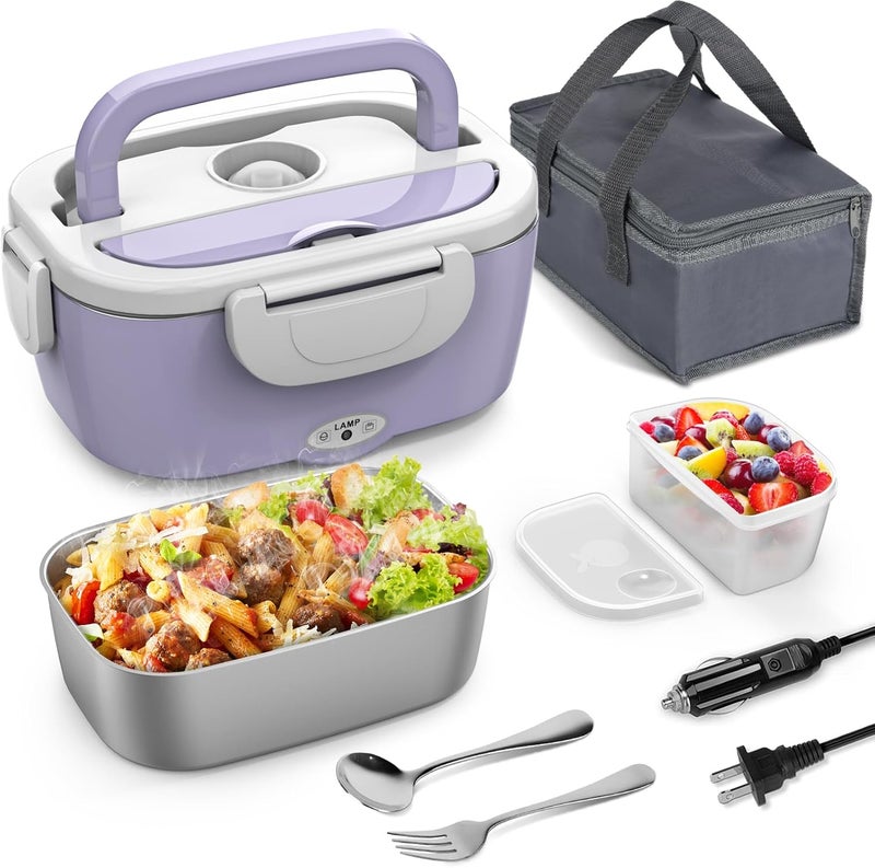 Vingud Electric Lunch Box, 3 in 1 Heated Lunch Box for Adults, Portable Heating Lunch Boxes for Car/Truck/Work/Home with 1.5L Removable Stainless Steel Container, 110V 24V 12V, Light Purple - Image 1